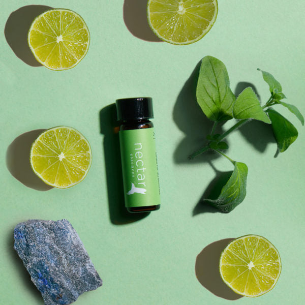 essential oil bottle with a light green 'nectar essences' label, surrounded by three lime halves, a sprig of fresh mint or oregano, and a chunk of blue Lapis Lazuli stone, all on a pale green background.