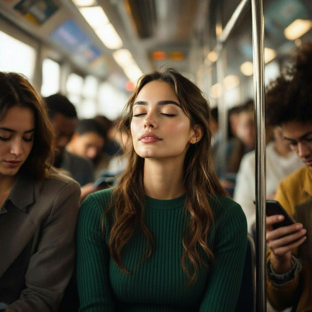 Woman sleeping on a subway train with other passengers around