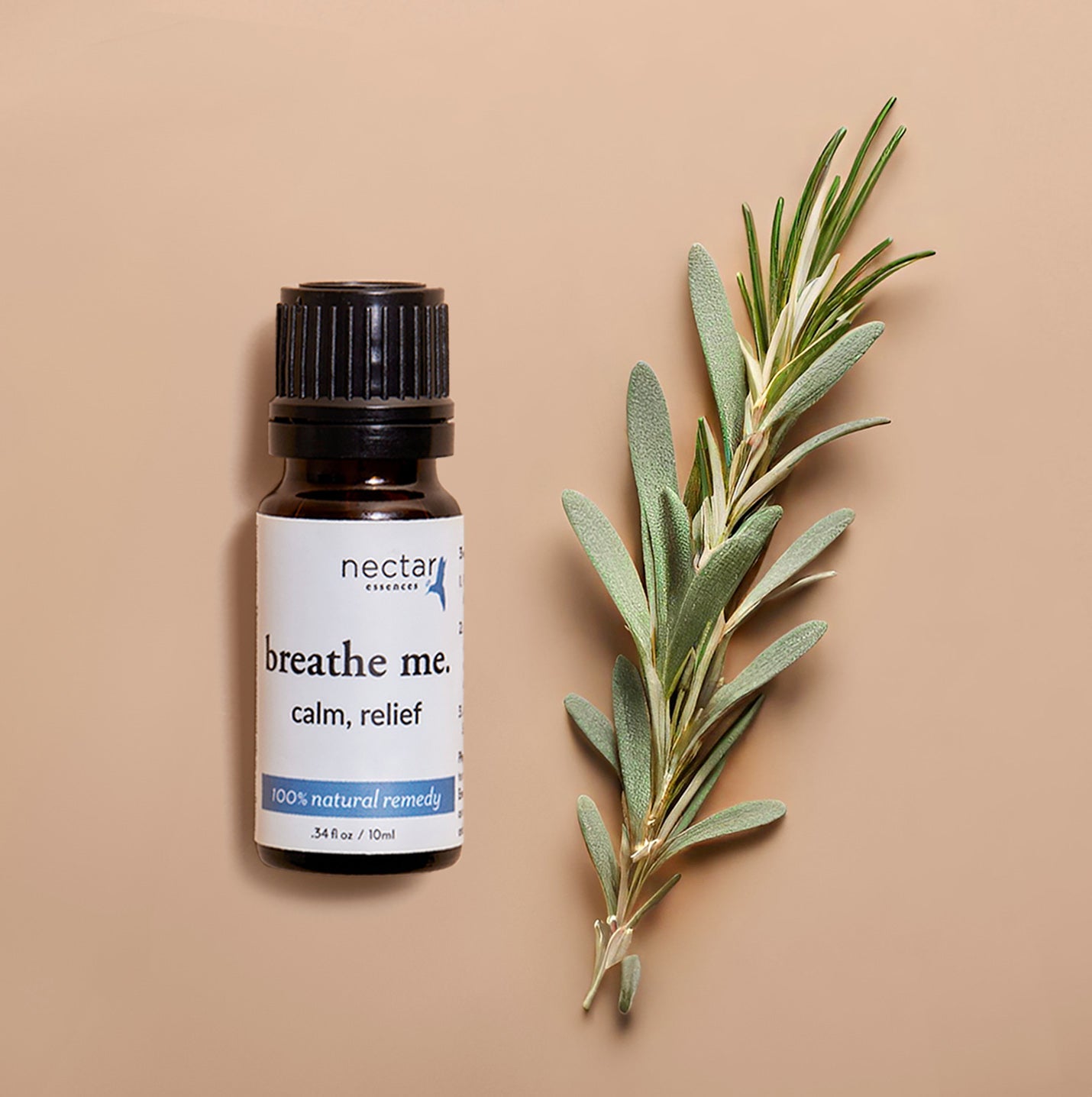 Small bottel of breathe-me calm, relief with decorated leaf with pnk highlighted background