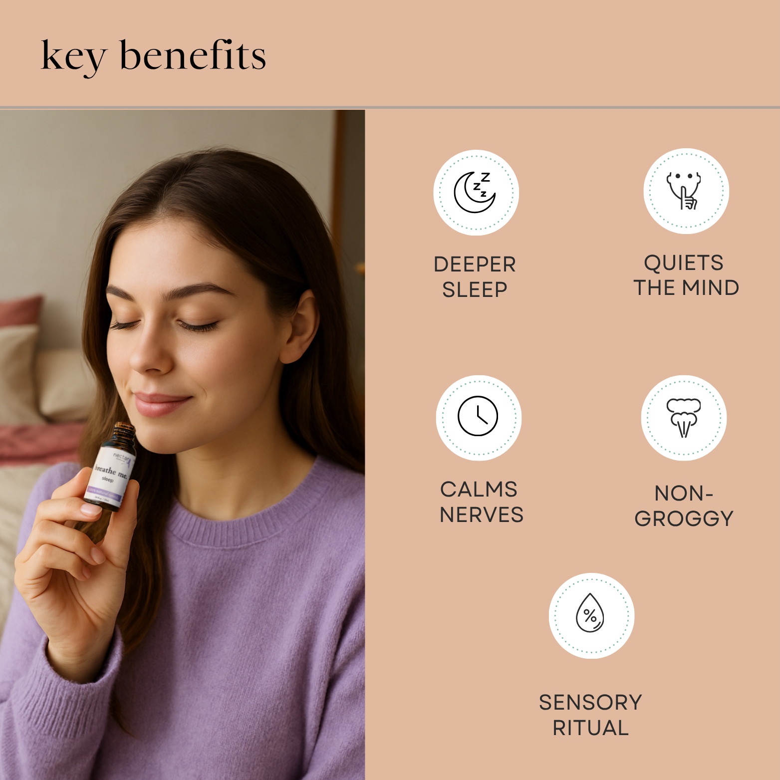 Model holding a oil bottle with key benefits listed on a beige background