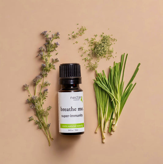 A bottel of Breathe me product super immunity with beige color background with herbs and leaves