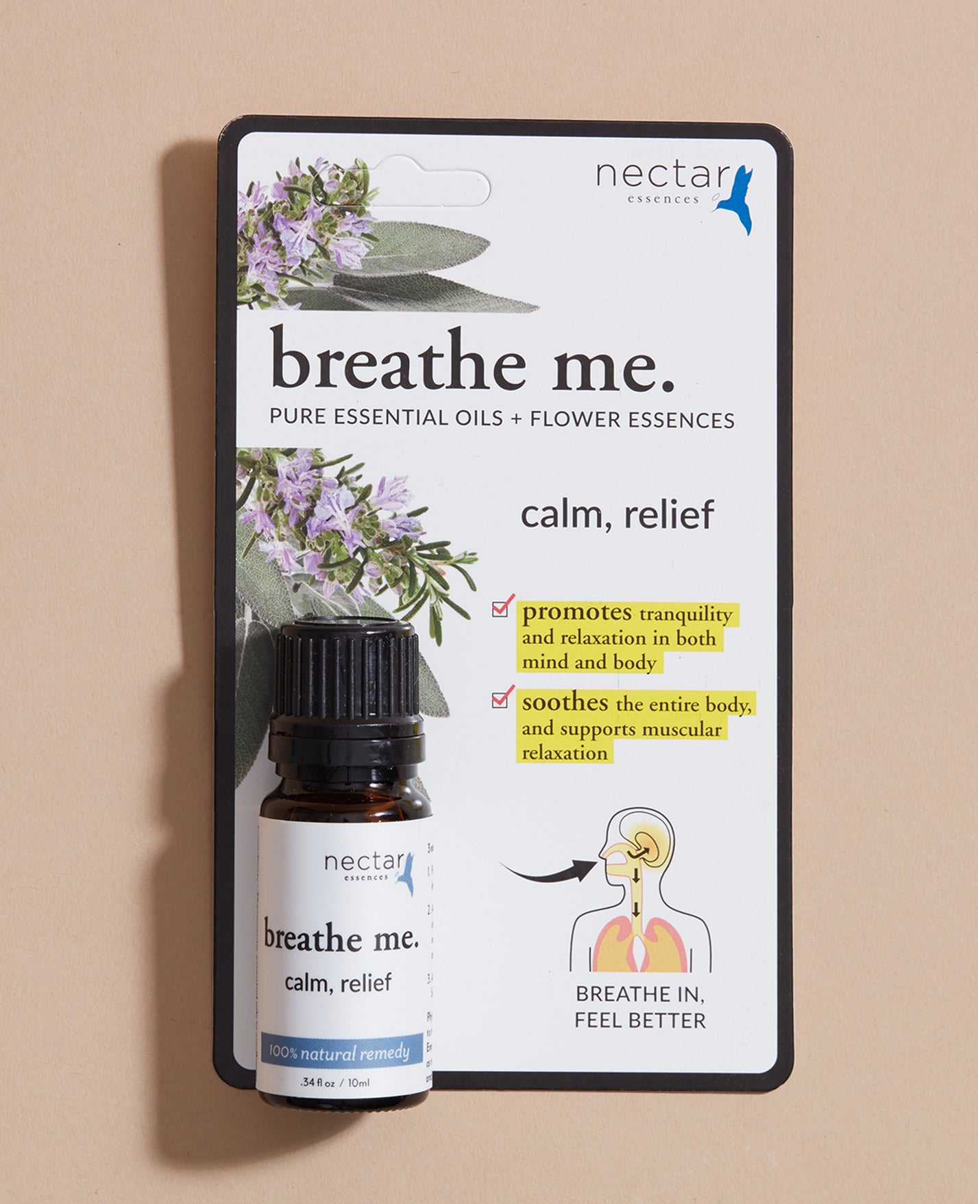 Nectar breathe me essential oil product calm relief bottle and packaging on a beige background