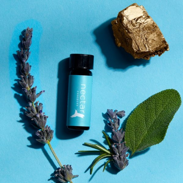 Overhead shot of a small amber bottle of 'nectar essences' essential oil with a light blue label, surrounded by ingredients and a crystal on a bright blue background. The bottle is flanked by two stalks of purple lavender, a green sage leaf, and a large, rough chunk of gold-colored Pyrite crystal.