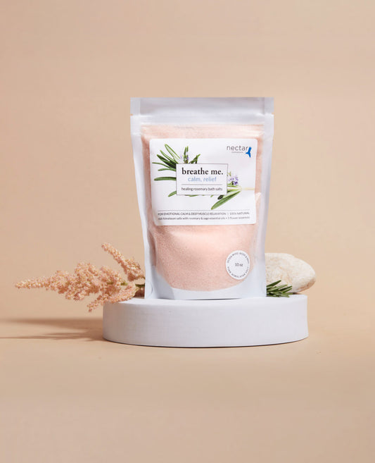 A package of bath salts labeled 'calm healing bath salt' with a background featuring lavender and rosemary, suggesting natural ingredients.