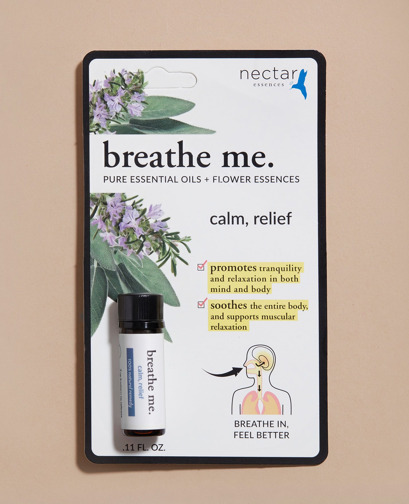 Nectar Reserve 'breathe me.' product calm, relief essential oil packaging on a beige background