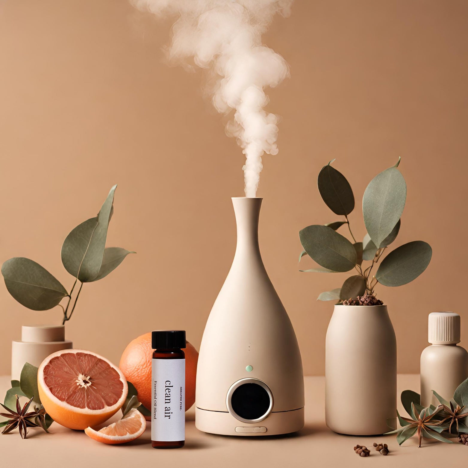 Cream-colored vase-shaped diffuser emitting steam, surrounded by the 'clean air' oil bottle, a sliced grapefruit, star anise, and eucalyptus foliage in neutral vases.