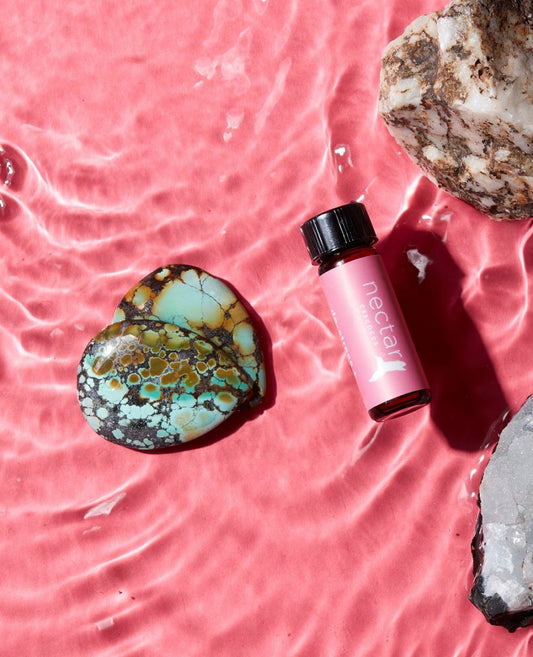 A small bottle of essential oil lying on a pink surface next to a turquoise gemstone and some rocks, with water droplets around.
