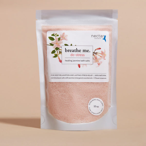 A package of De-Stress Healing Bath Salt, highlighting natural ingredients and soothing aromatherapy benefits.
