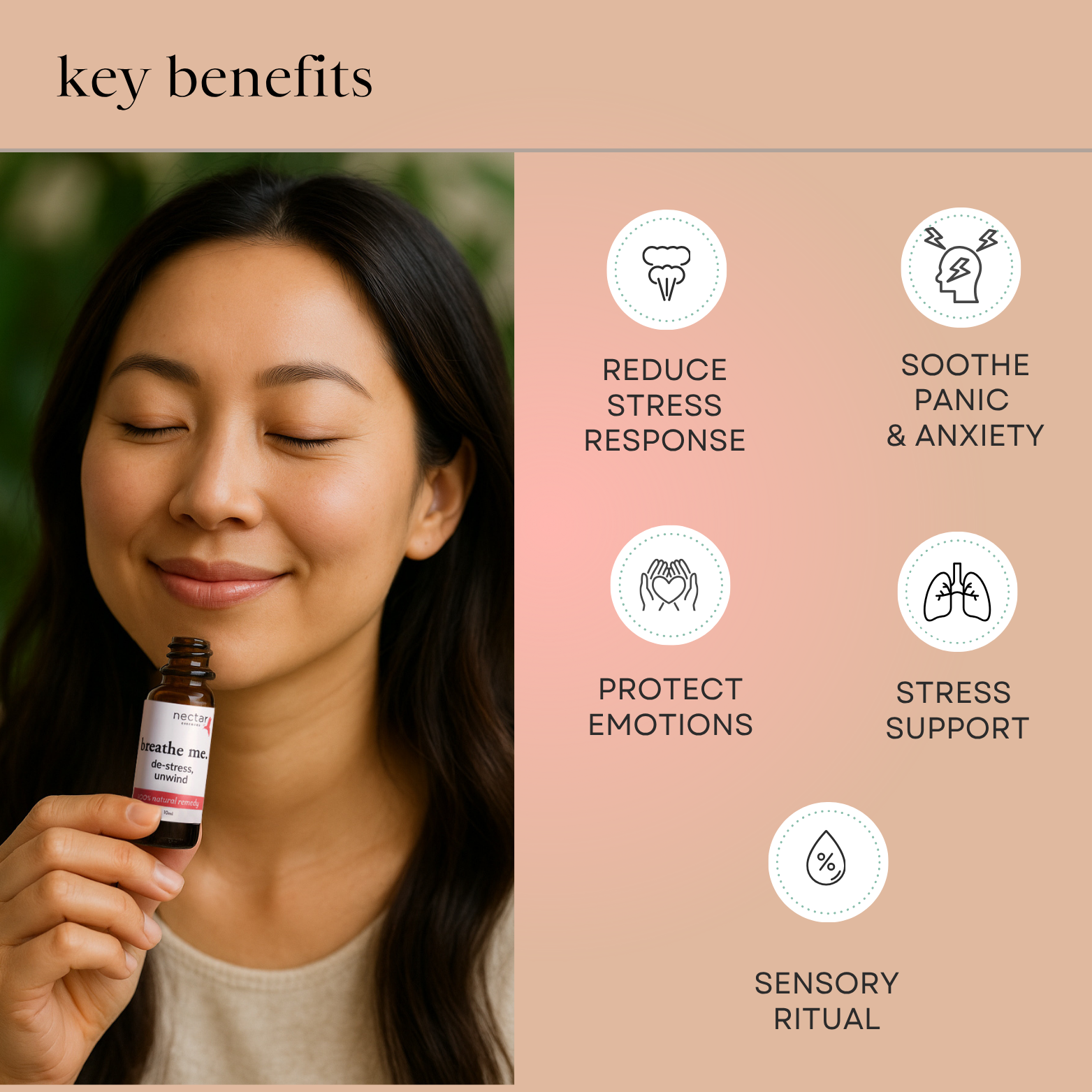 Model holding a bottle with key benefits listed on a beige background