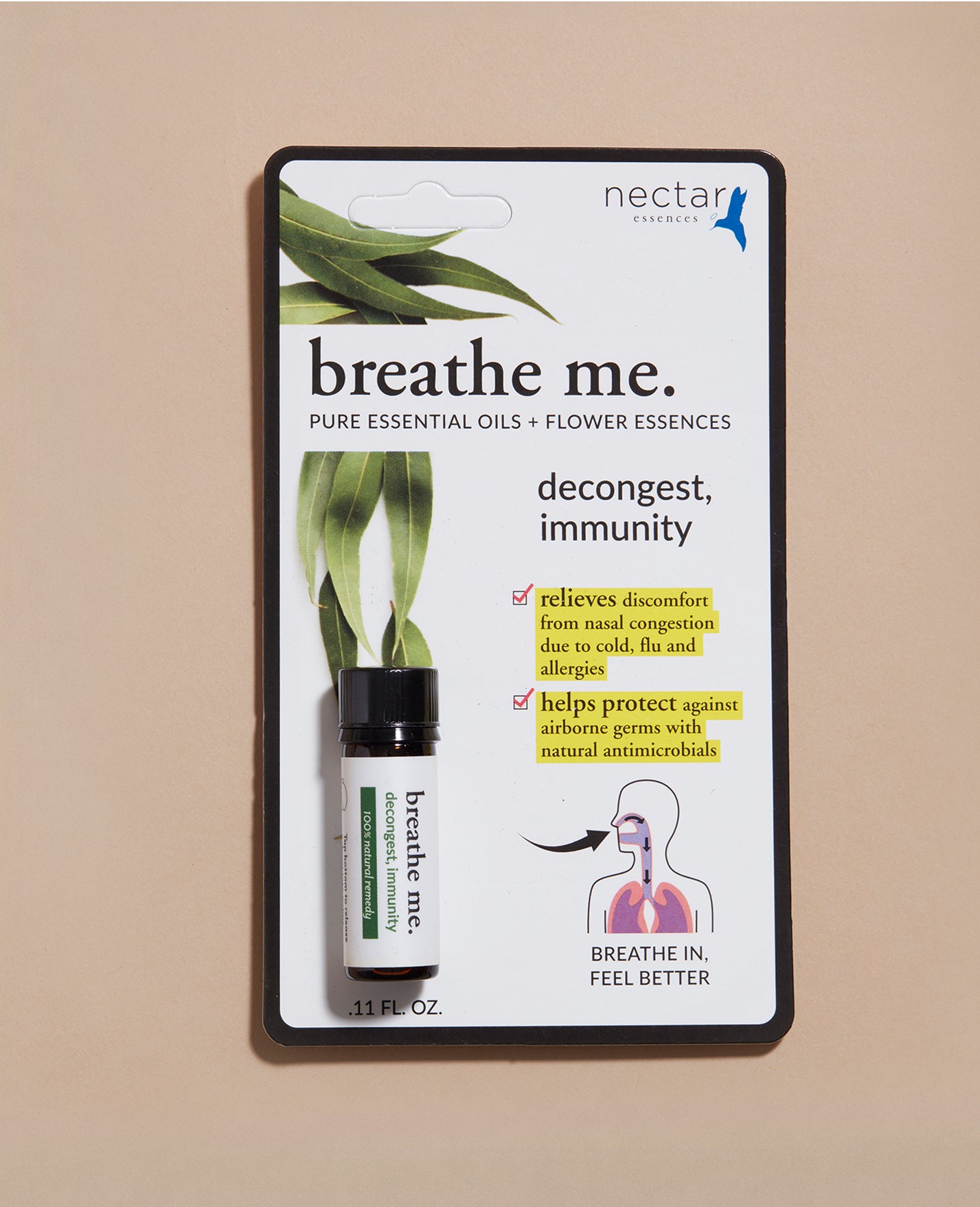 Nectar Essentials breathe me product decongest, immunity packaging on a beige background