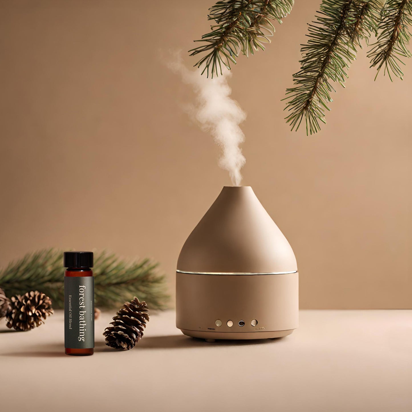 Forest Bathing Essential Oil next to a modern aromatherapy diffuser emitting steam, surrounded by pine branches and pine cones.