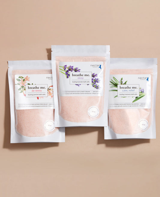 A trio package of Healing Bath Salt Trio with natural botanical ingredients, highlighting all three relaxing blends.