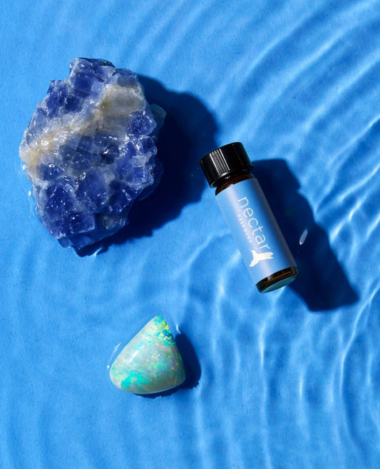 Close-up shot of the blue-labeled 'nectar essences' oil bottle next to a large, rough chunk of deep blue Sodalite crystal and a polished raw opal gemstone. The items are resting on a vibrant blue background with subtle ripples of water running across the surface, suggesting a cleansing or watery theme.