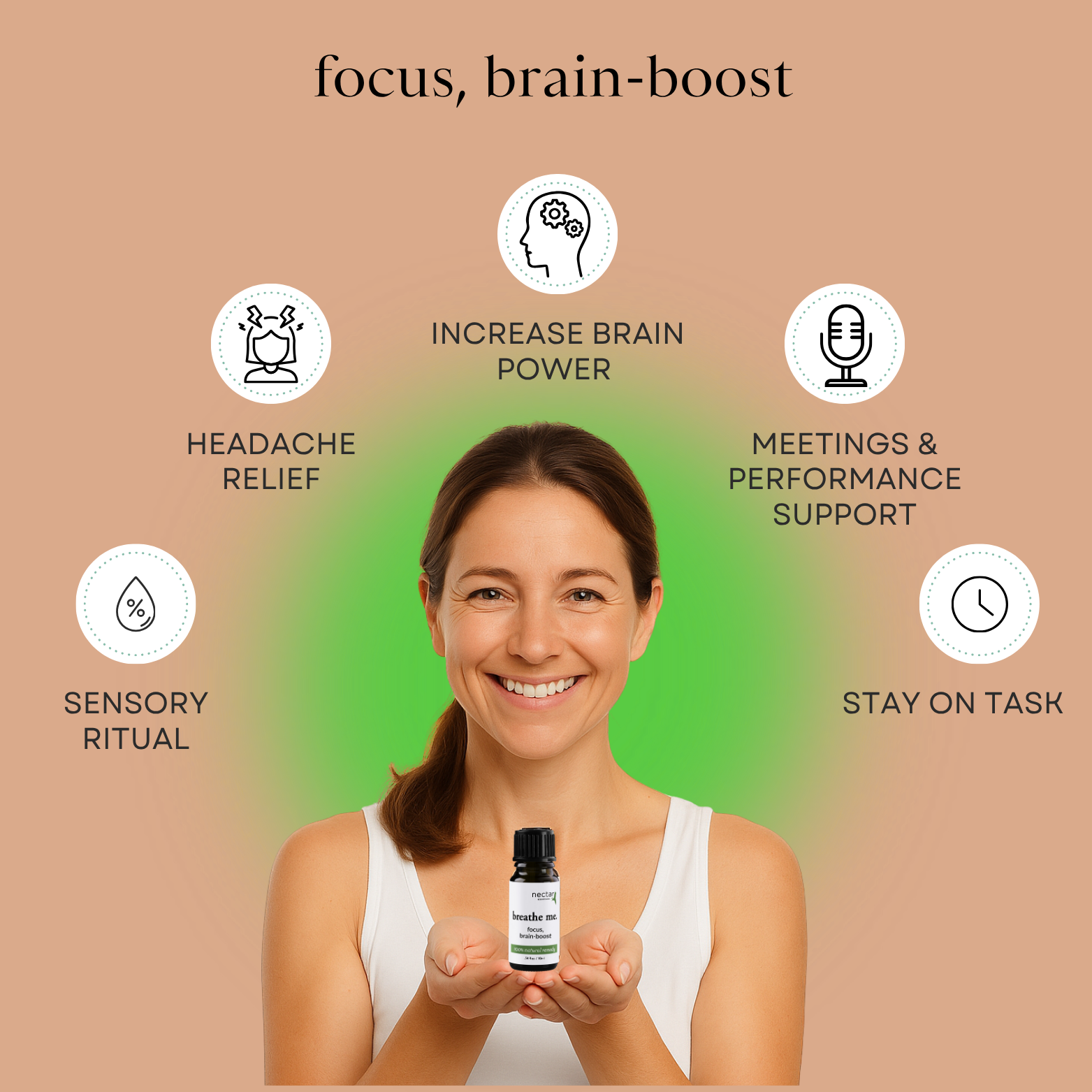 Model holding a bottle one of genius kit oils with product benefits listed on a gradient background