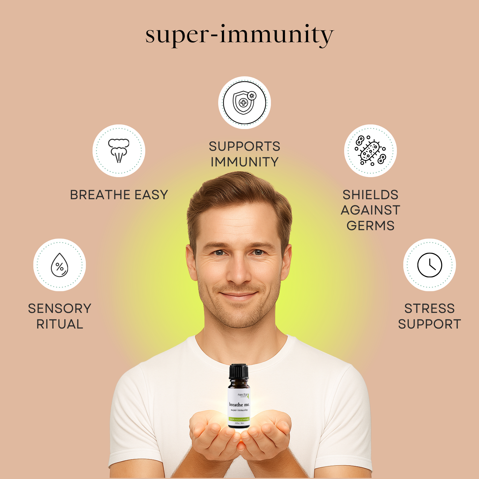 Model holding a bottle labeled 'super-immunity' with icons and text on a gradient background