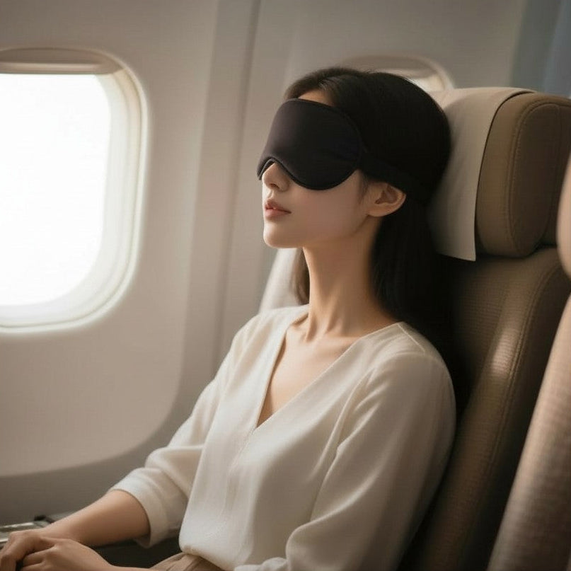 Model wearing a black sleep mask on an airplane, theme of self care with nectar essences oils 