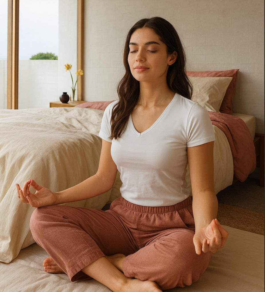 Woman meditating on a yoga mat in a bedroom setting suggesting theme of healthy enviroment