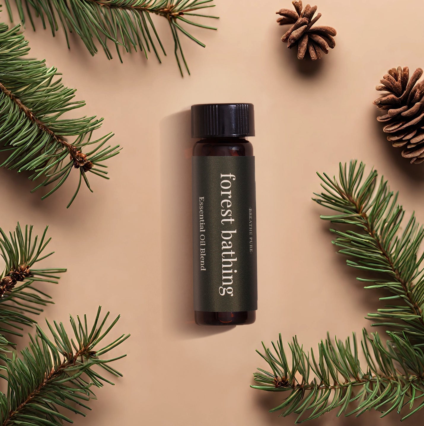 Forest Bathing essential oil next to a diffuser emitting steam, styled with pine branches and pine cones.