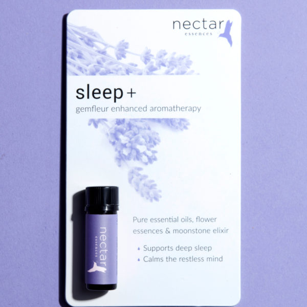 Product card for 'sleep+ gemfleur enhanced aromatherapy.' Features a teal-labeled oil bottle and text listing benefits: supports sleep, calms mind