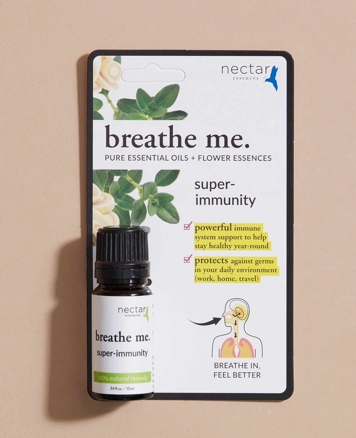 Nectar Essentials breathe me super-immunity essential oil bottle and packaging on a beige background
