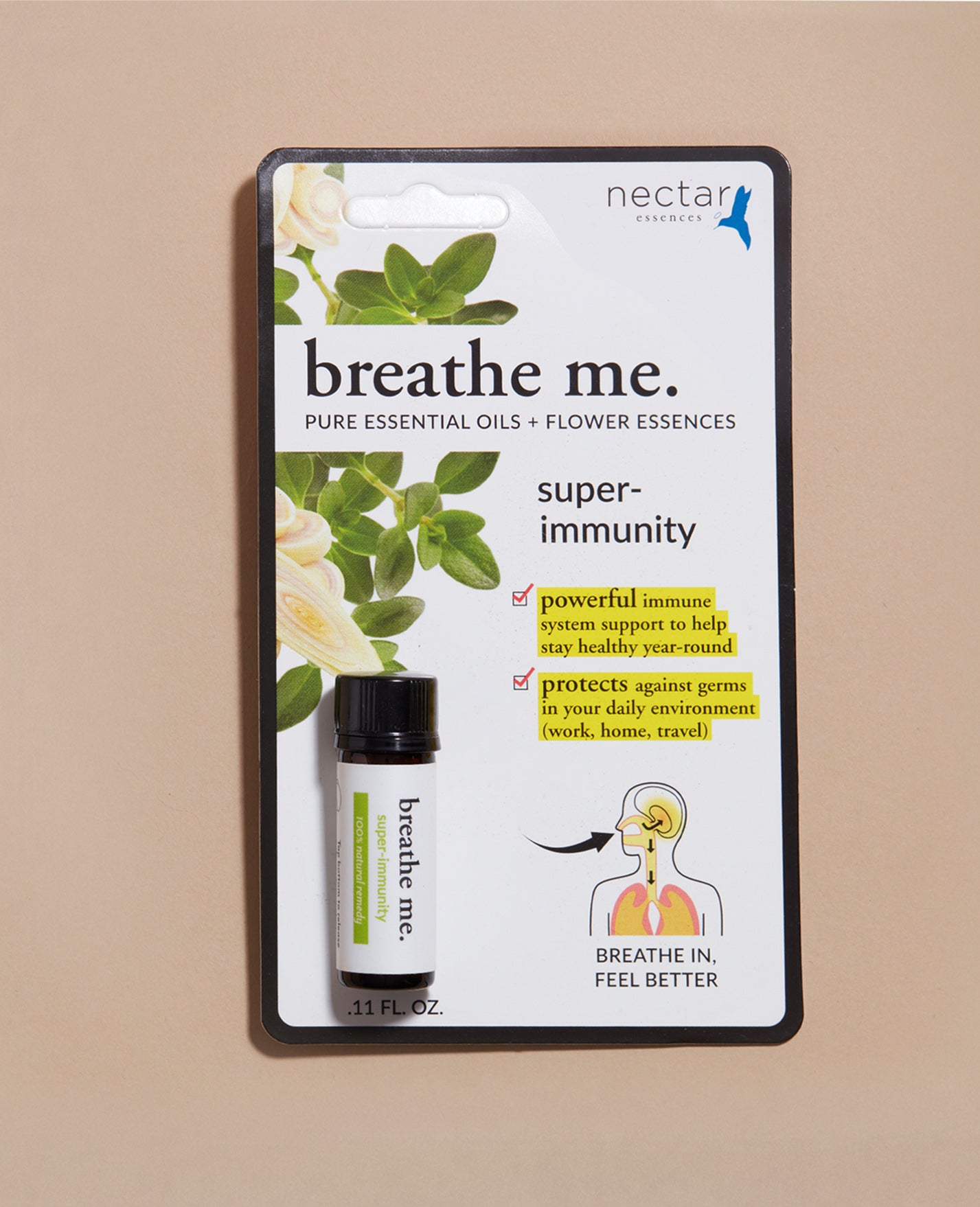 Nectar Organics breathe me super-immunity product packaging on a beige background
