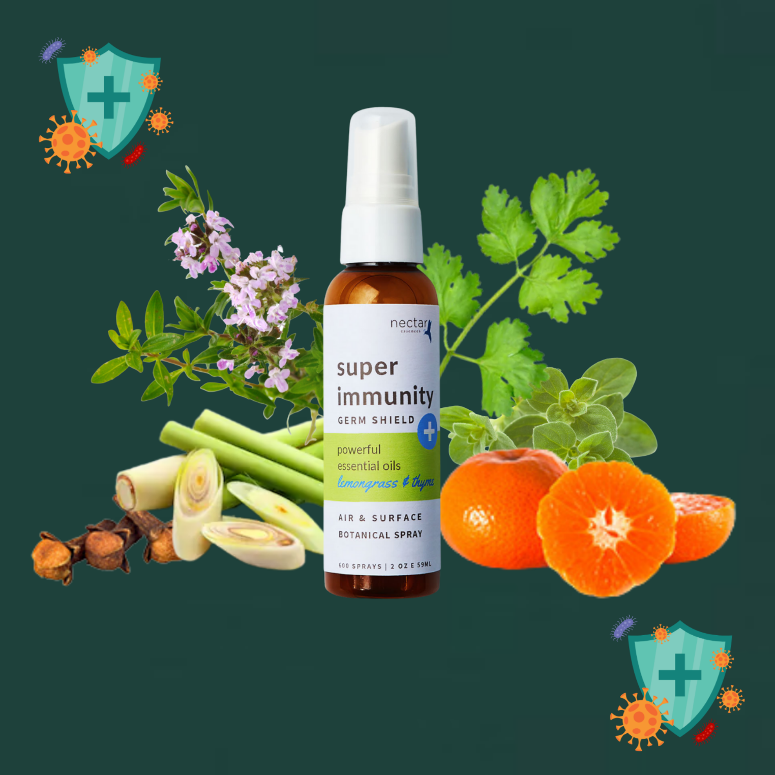 Super immunity spray bottle with natural ingredients herbs, fruits & leaves on a dark green background
