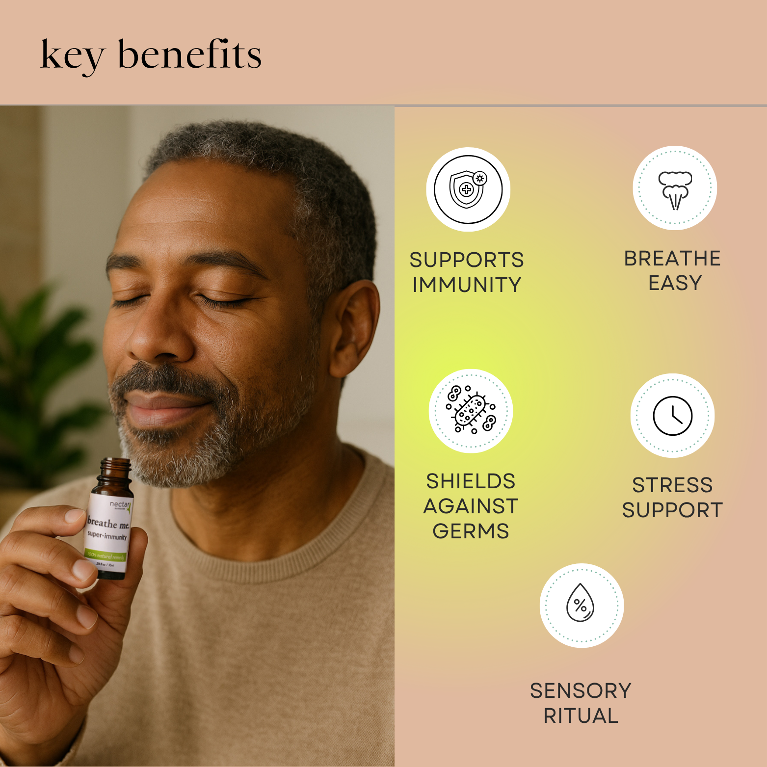 Man holding a bottle of super immunity oil essential with key benefits listed on the right