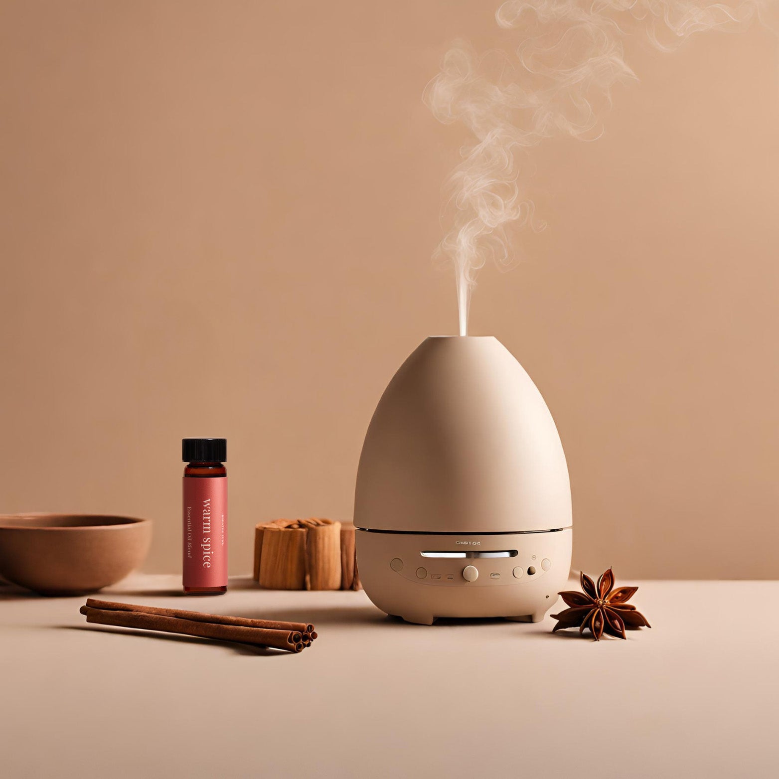 Neutral-toned essential oil diffuser emitting steam, placed next to the 'warm spice' oil bottle, cinnamon sticks, and star anise on a beige background